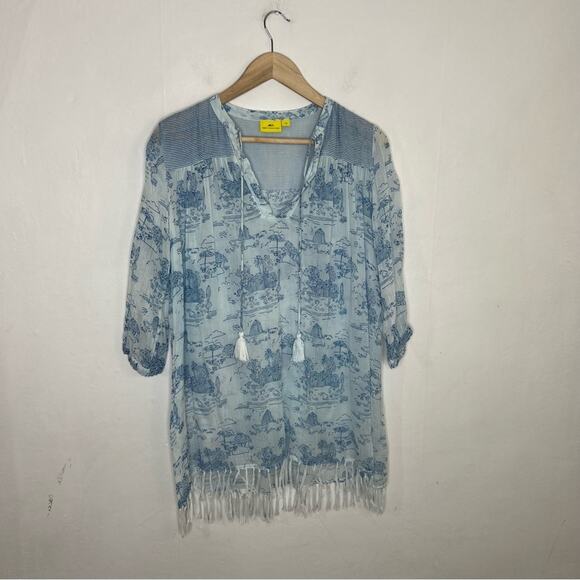 Roberta Roller Rabbit Tops - Roller Rabbit Serafina Tunic Swim Cover Fringes In Marine White Blue Size XS